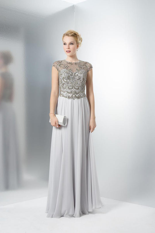 Marsoni by Colors - M123 Embellished Illusion Jewel A-line Dress in Gray