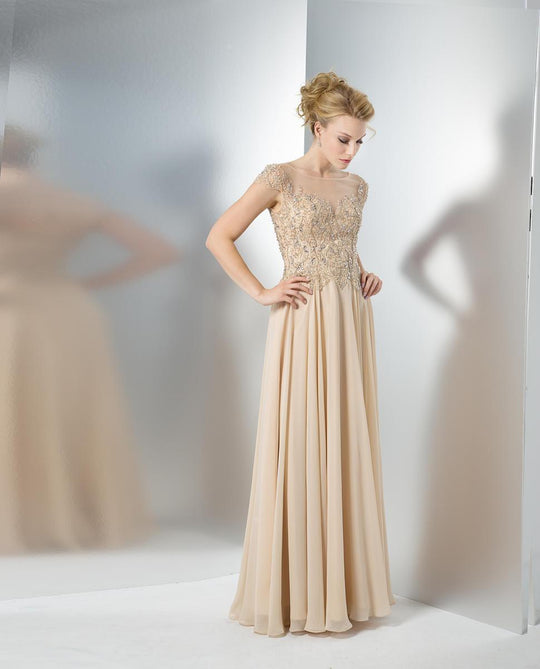 Marsoni by Colors - Cap Sleeve Beaded Illusion Chiffon Long Dress M108  In Nude
