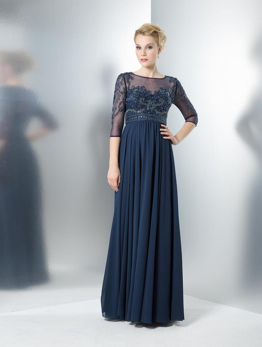 Marsoni by Colors - M105 Beaded Illusion A Line Long Gown In Blue