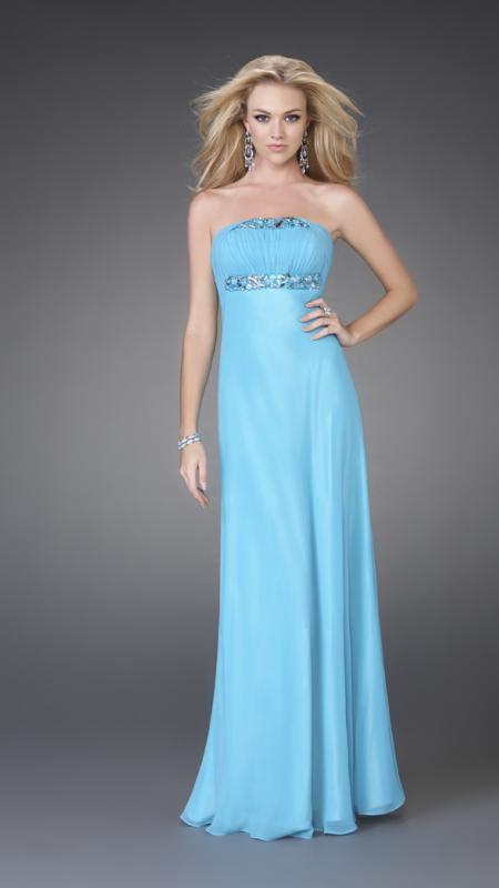 La Femme  - Finely-Tucked Straight Chiffon Sheath Empire Gown 15081 in Blue