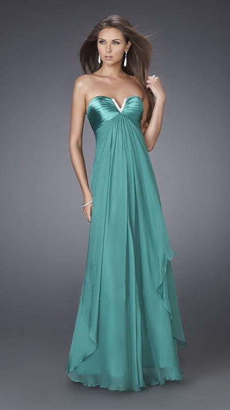 La Femme - Strapless Ruched V-Neck Empire Waist A-line Dress 15085 In Green