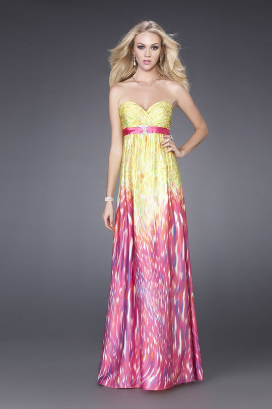 La Femme - Strapless long gown in fresh and fruity hues 15142 In Yellow and Pink