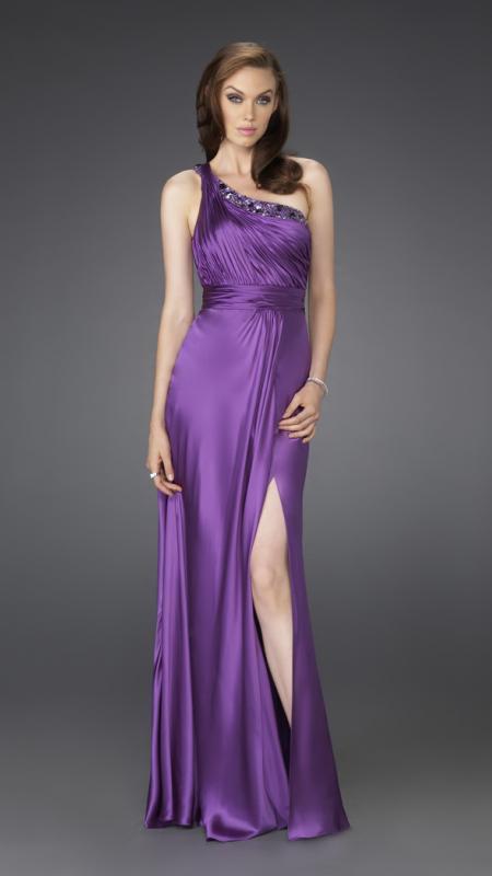 La Femme - Beaded One Shoulder Strap Pleated Asymmetric Neck A-line Gown 15158 in Purple