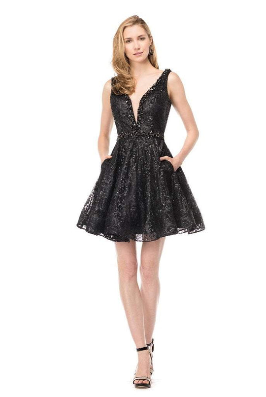 Colors Dress - 1517 Sequined V-neck A-line Dress In Black
