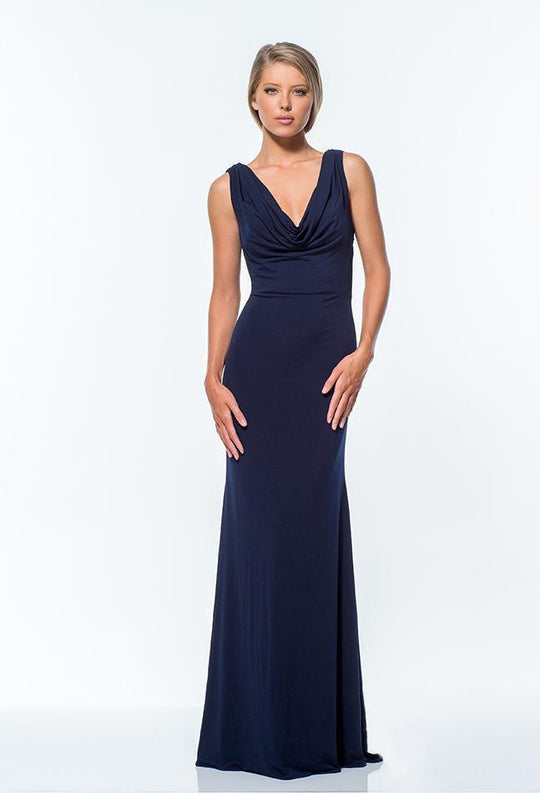 Terani Couture - 151E0265G Bejeweled Cowl/V-Neck Sheath Dress in Blue