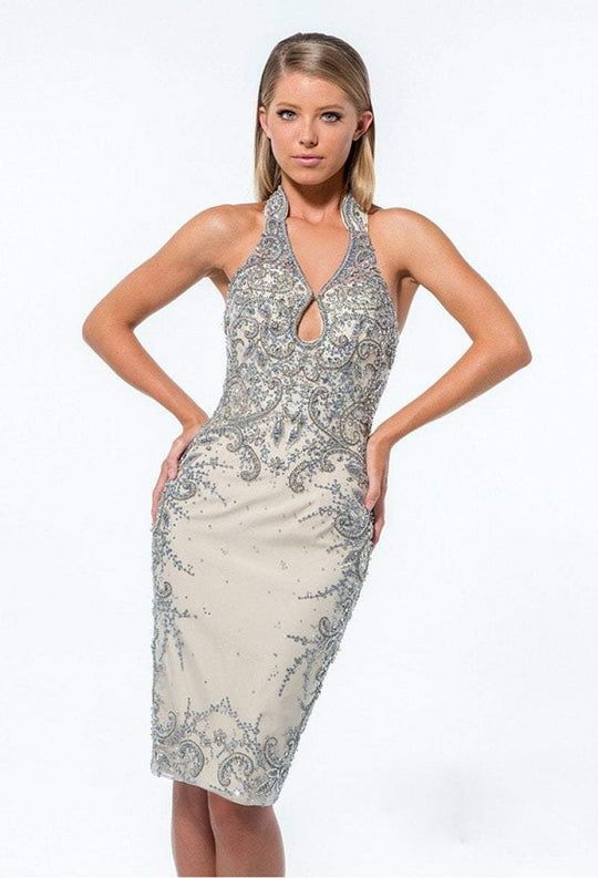 Terani Couture - 151C0214A Sequined High Halter Cocktail Dress in Silver
