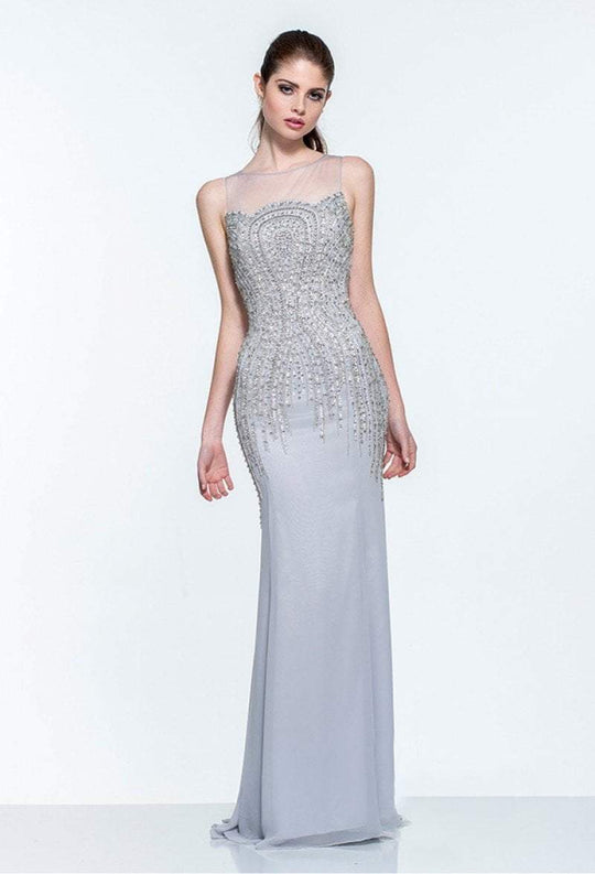 Terani Couture - 151E0429A Chiffon Scalloped Sheath Gown in Silver