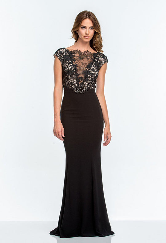 Terani Couture - 151E0444A Lace Overlaid Cap Sleeve Gown in Black and Neutral