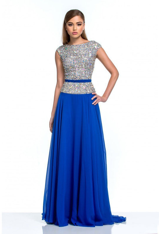 Terani Couture - Embellished Bateau Neck A-Line Gown 151M0351B in Blue