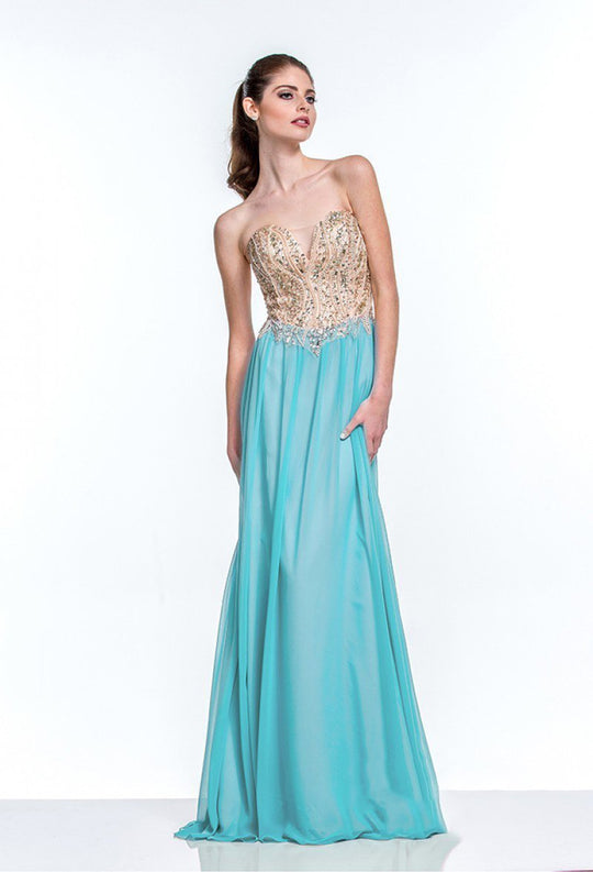 Terani Couture - 151P0027A Strapless Embellished Chiffon Long Gown in Blue and Neutral