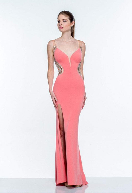 Terani Couture - 151P0059A Sleeveless Illusion Sheath Long Gown in Orange