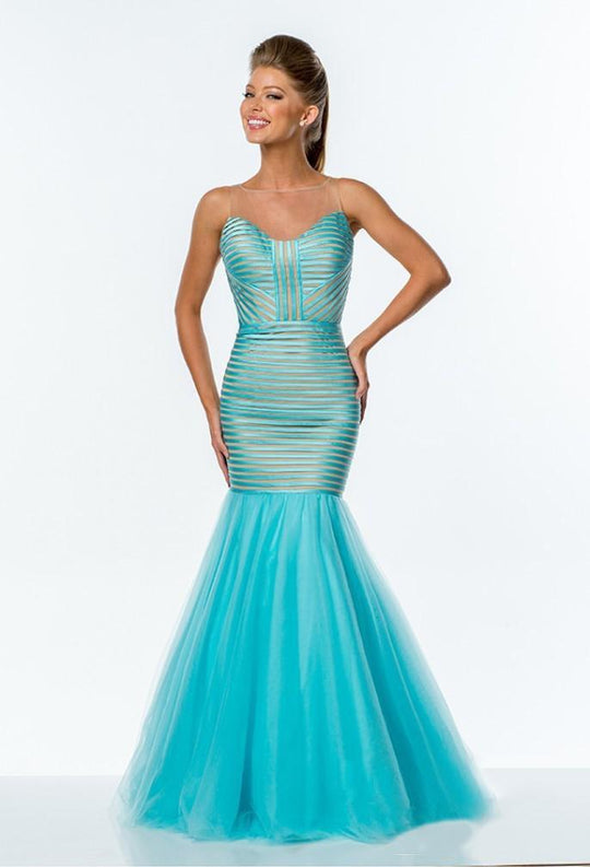 Terani Couture - 151P0106B Striped Patterned Mermaid Gown in Blue and Neutral
