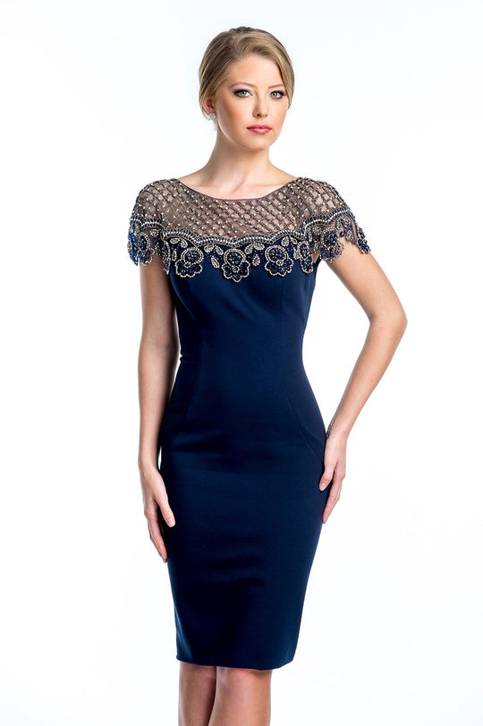 Terani Couture - Ornate Lace Capelet Sheath Cocktail Dress 1521C0219A In Navy