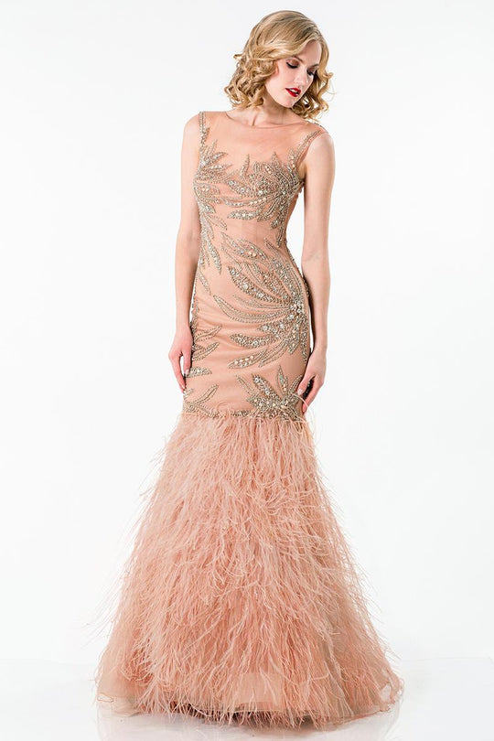 Terani Couture - Dazzling Rhinestone Embellished Illusion Neck Trumpet Gown 1521GL0772A In Nude