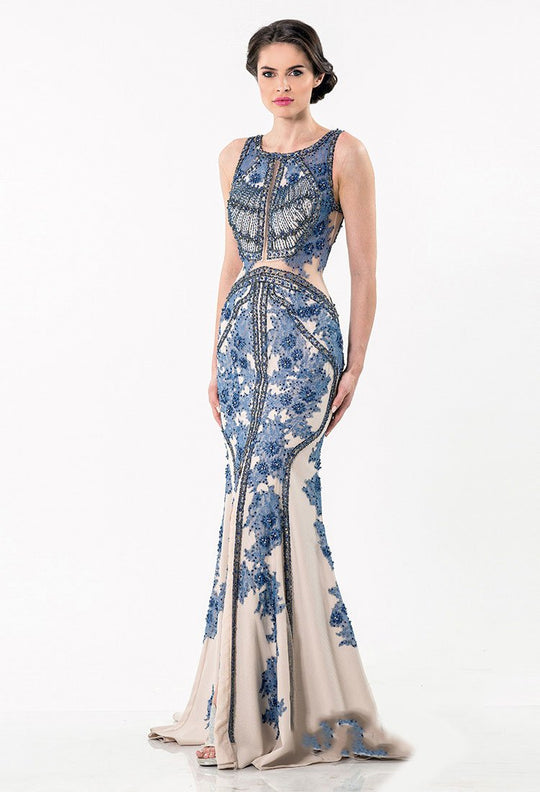 Terani Couture - Stunning Bead Embellished Scoop Neck Mermaid Gown 1521GL0787A In Blue and Neutral