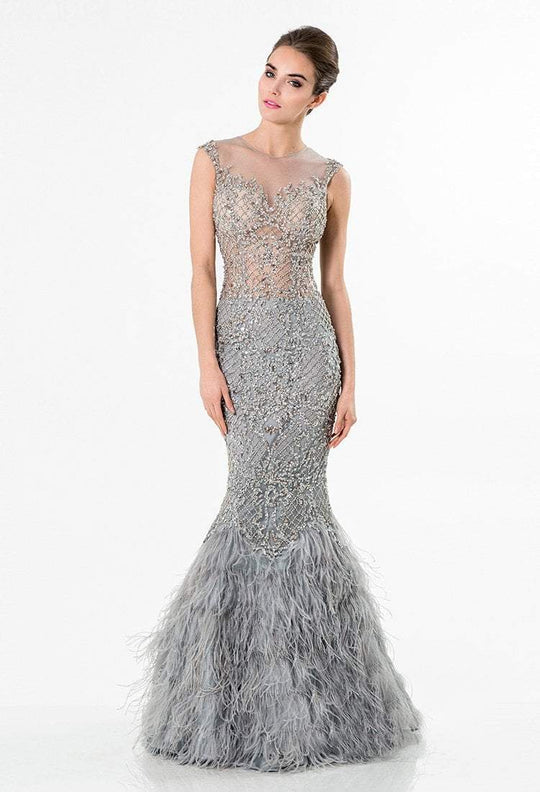 Terani Couture - Feather Ornate Illusion Mermaid Gown 1521GL0816B in Silver