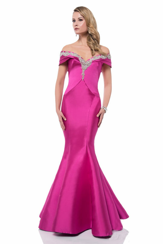 Terani Couture - Sparkling Off the Shoulder Satin Trumpet Gown 1521M06 In Fuchsia