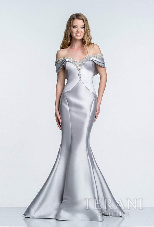 Terani Couture - Off-The-Shoulder Neck Evening Gown 1521M0615B in Silver
