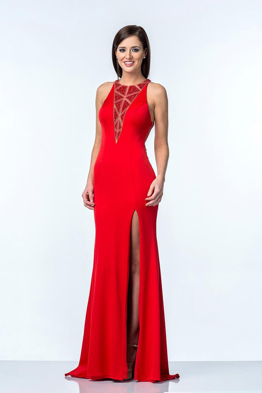 Terani Couture - 1521E0369A Embellished Halter Neck Sheath Dress in Red