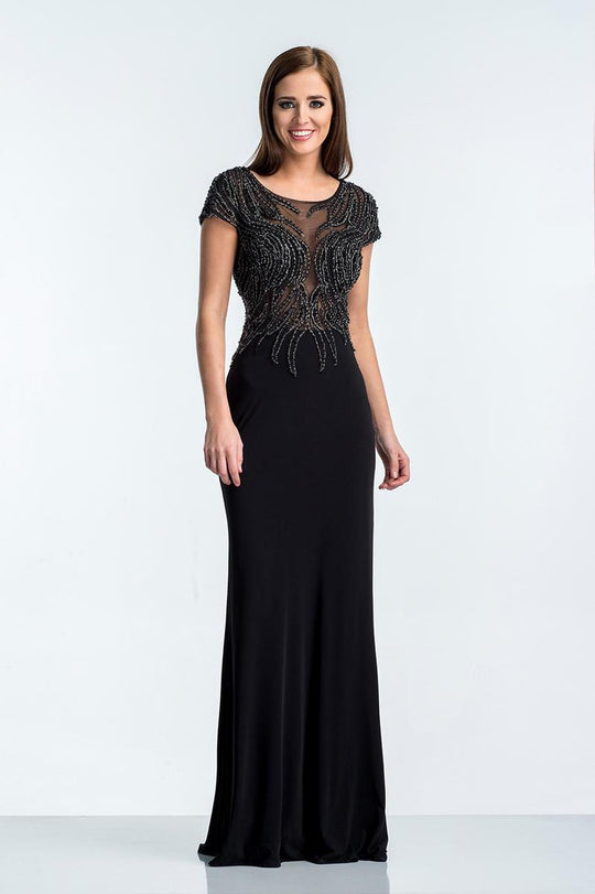 Terani Couture - 1521E0374A Embellished Scoop Neck Sheath Dress in Black