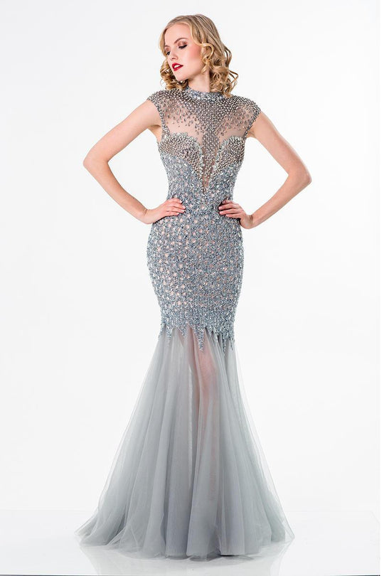 Terani Couture - Crystal-Encrusted Gown 1521GL0753B in Silver and Neutral