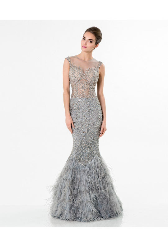 Terani Couture - Gleaming Nude Illusion Trumpet Gown 1521GL0816A In Silver