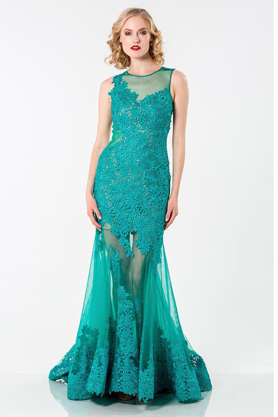 Terani Couture - 1522E0446A Illusion Jewel Neck Trumpet Dress in Green
