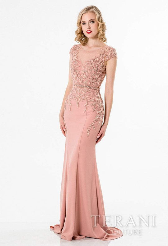 Terani Couture - Beaded Bateau Neck Evening Gown 1522E0469B in Pink