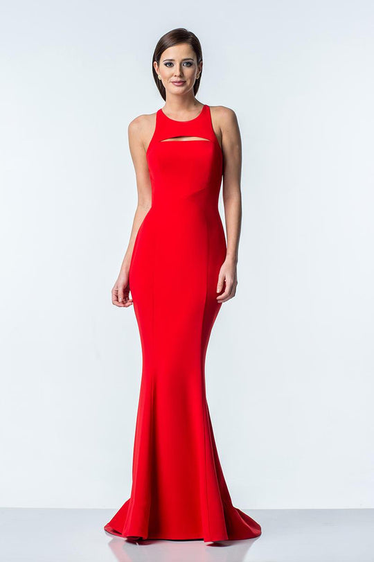 Terani Couture - 1522E0481A Sleeveless Halter Neck Sheath Dress in Red