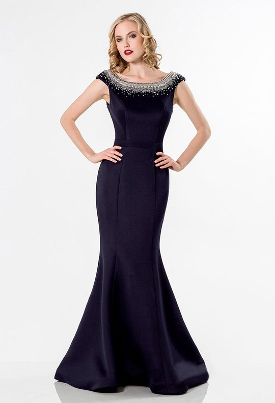 Terani Couture - Dazzling Beaded Bateau Neck Polyester Fit and Flare Gown 1522E0528 In Navy