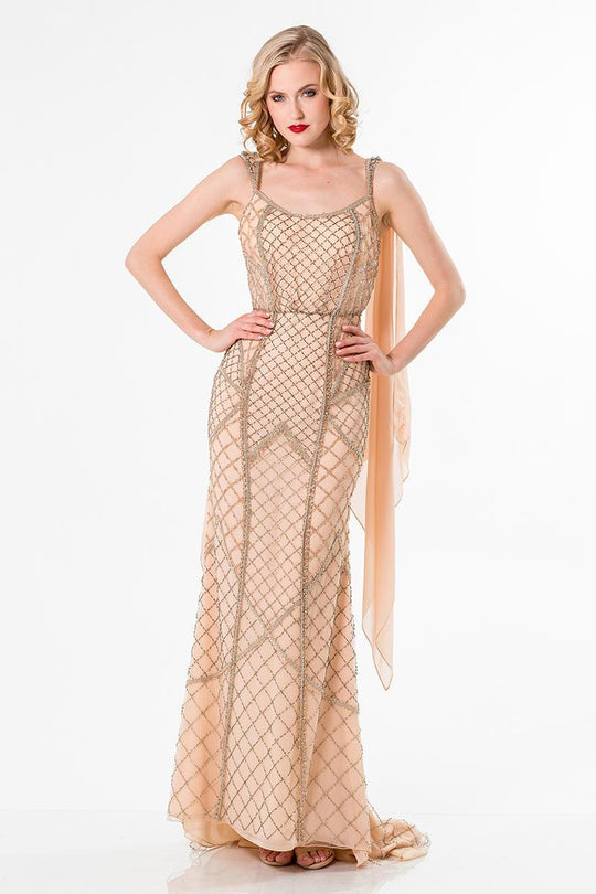 Terani Couture - 1522GL0823A Beaded Scoop Neck Sheath Dress in Neutral