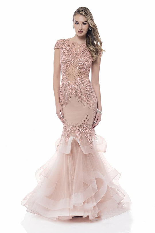 Terani Couture - Cap Sleeve Sparkling Tiered Mermaid Gown 1522GL0839A In Pink