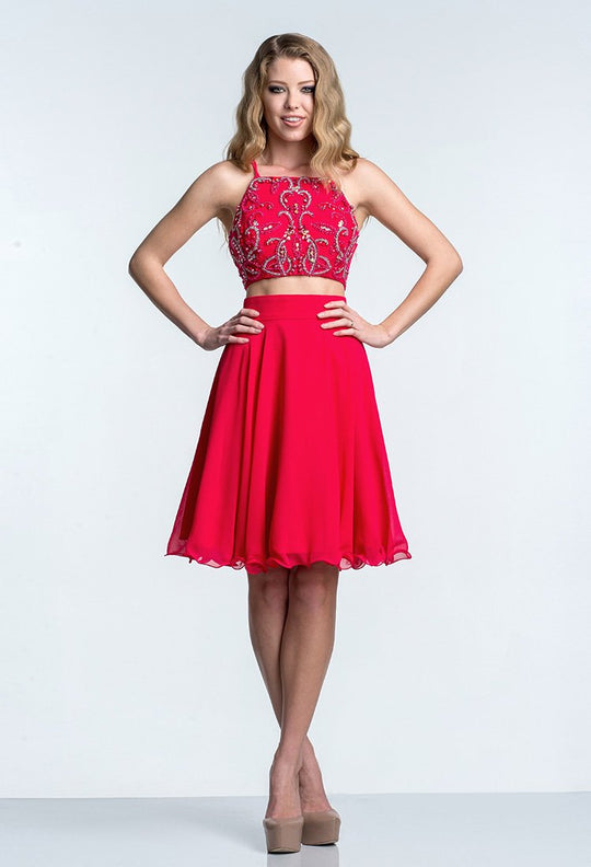 Terani Couture - Two-Piece Sequined Halter A-Line Cocktail Dress 1522H0160A in Red