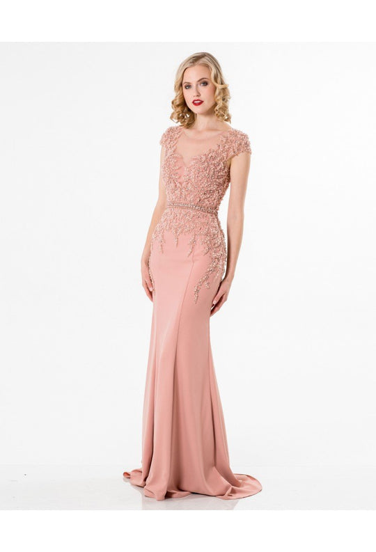 Terani Couture - Beaded Ethereal Leaf  Embellished Jersey Mermaid Gown 1522E0469A In Pink