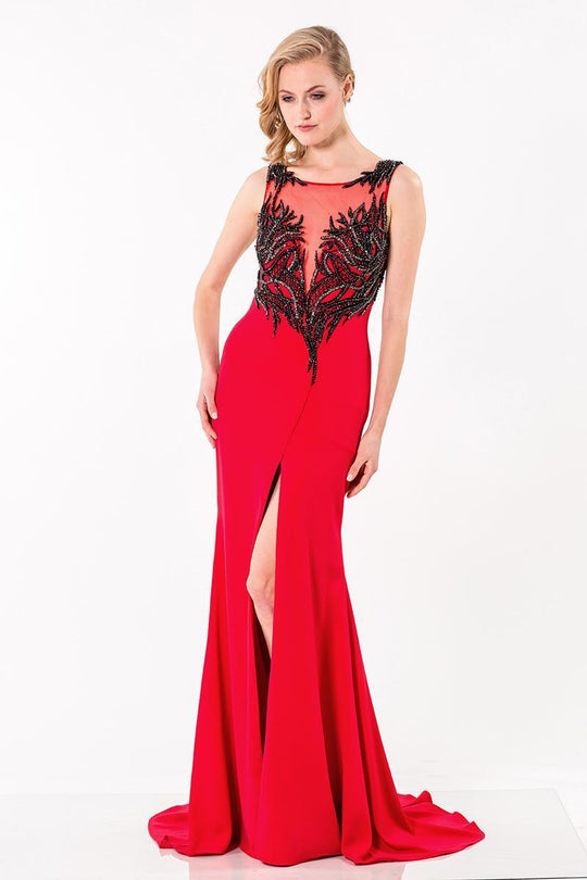 Terani Couture - 1522E0496A Sleeveless Illusion Long Dress in Red and Black