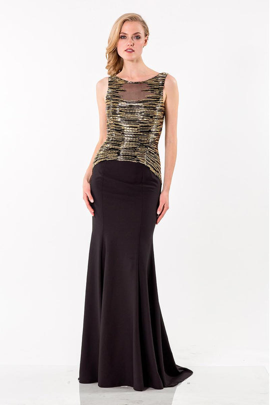 Terani Couture - 1522E0502A Embellished Bateau Sheath Dress in Black an Gold