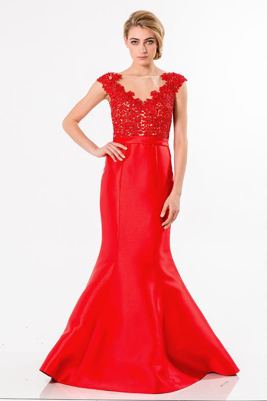 Terani Couture - 1522E0508A Lace Embellished Satin Mermaid Dress in Red