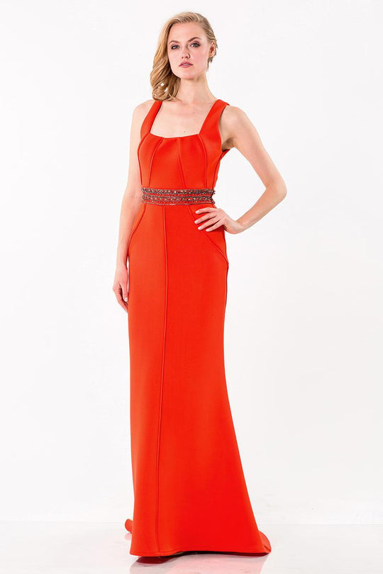 Terani Couture - 1522E0527A Embellished Square Neck Sheath Dress in Orange
