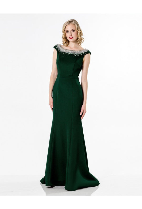 Terani Couture - Crystal Sparkling Neckline Svelte Long Gown 1522E0528A In Dark Green