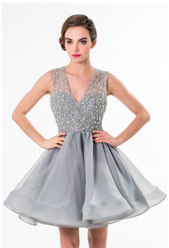Terani Couture - Bedazzled  V-Neck Cocktail Dress 1522H0157A In Silver and Gray