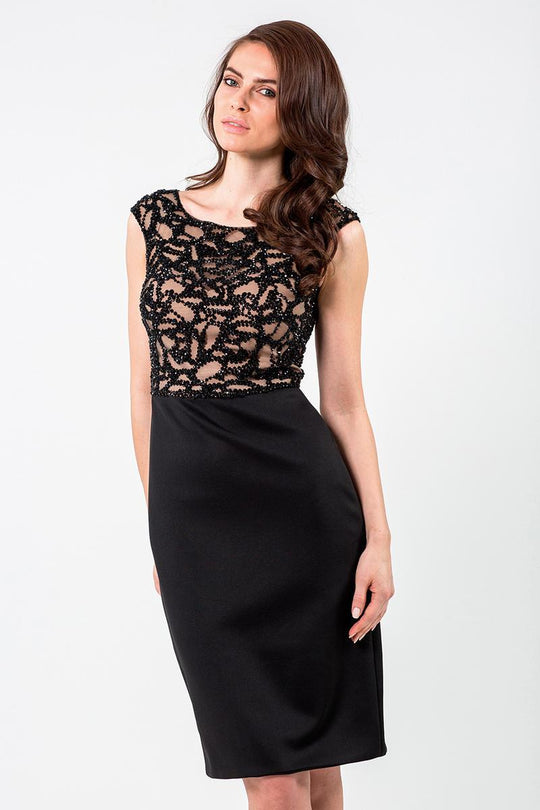Terani Couture - 1523C0350A Embellished Bateau Neck Column Dress in Black