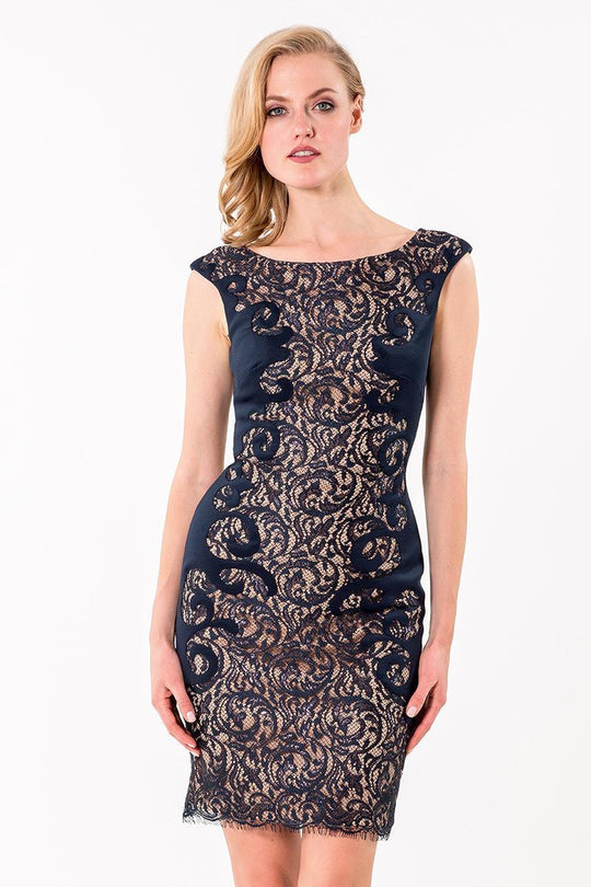 Terani Couture - 1523C1100A Lace Embellished Bateau Sheath Dress in Blue and Neutral