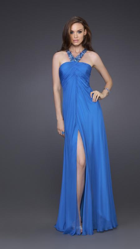 La Femme - 15245 Enchanting Embellished V-Neck A-Line Gown in Blue