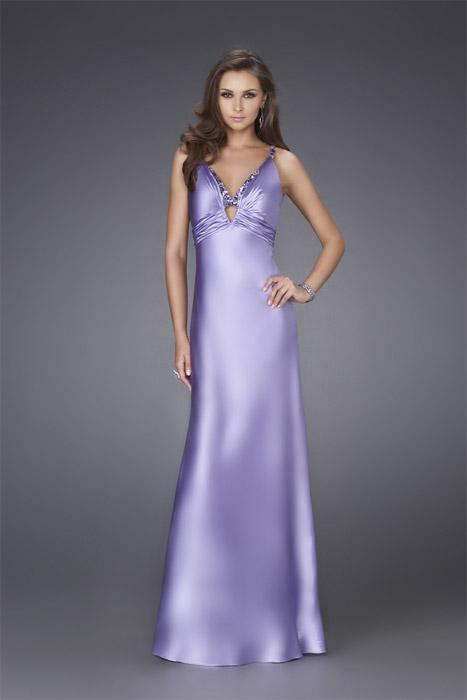 La Femme - Beaded V-neck Satin Evening Dress 15286 In Purple