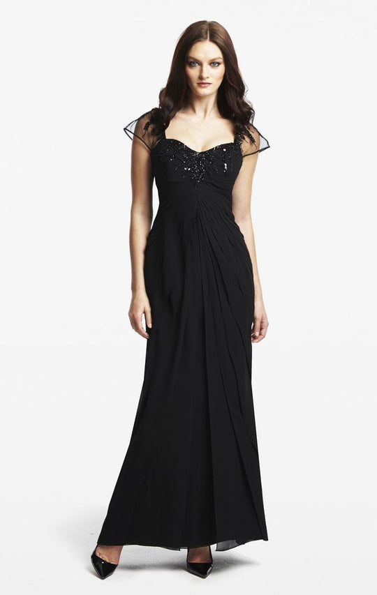 Daymor Couture - Ruched Sheer Cap Sleeves Long Dress 153 in Black
