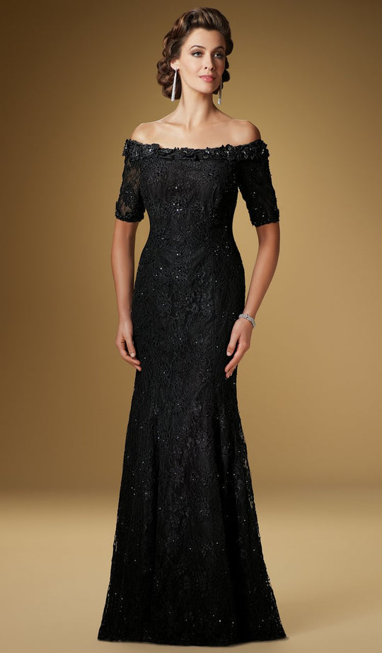 Rina Di Montella - RD1531 Floral Lace Applique Trumpet Gown With Shawl in Black