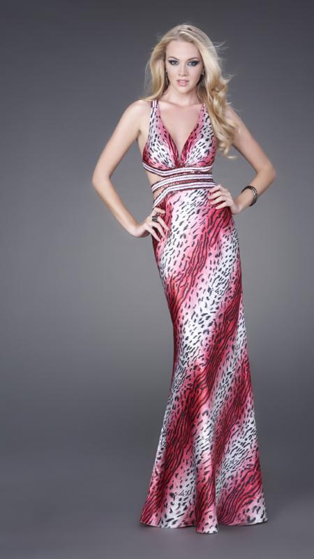 La Femme - Diagonal Animal Print V-Neck Sheath Gown 15349 in Red and Print