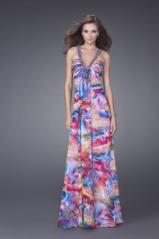 La Femme - Plunging V-Neck Printed Evening Dress 15381 In Multi-Color