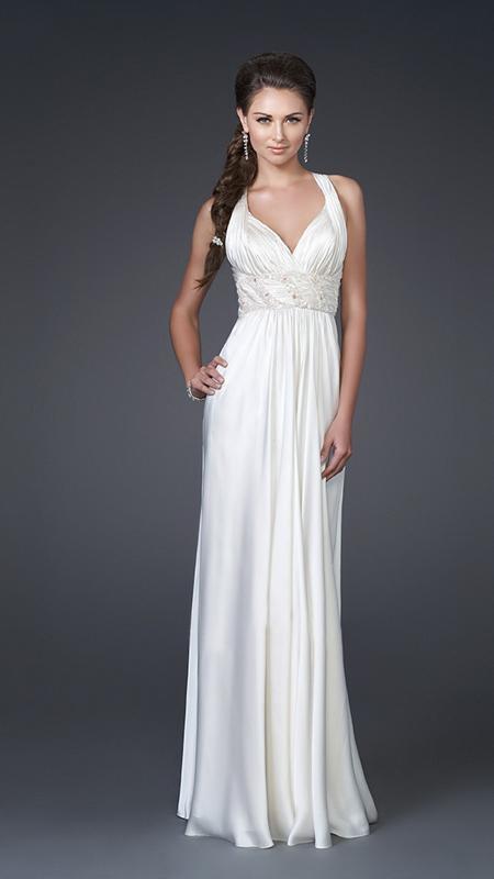 La Femme - Sleeveless V Neck Ruched Long Dress in White