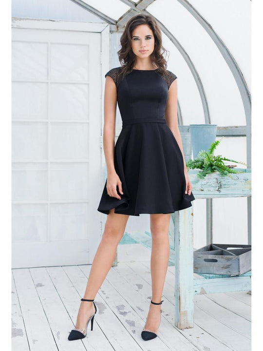 Colors Dress - 1547 Beaded Bateau A-line Dress in Black